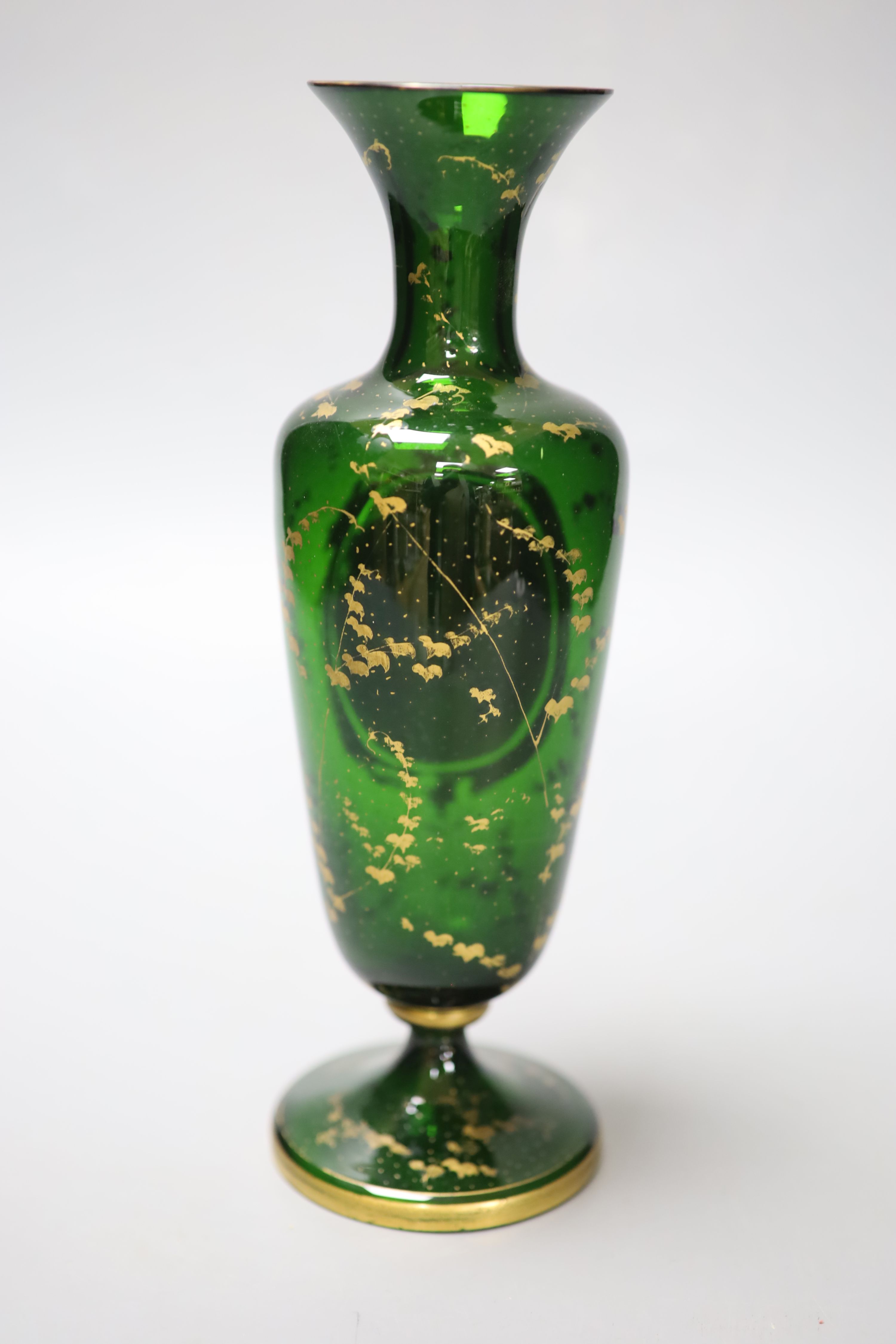 A Bohemian gilded glass vase with porcelain portrait plaque, late 19th century and a pair of similar scent bottles, tallest 24.5cm